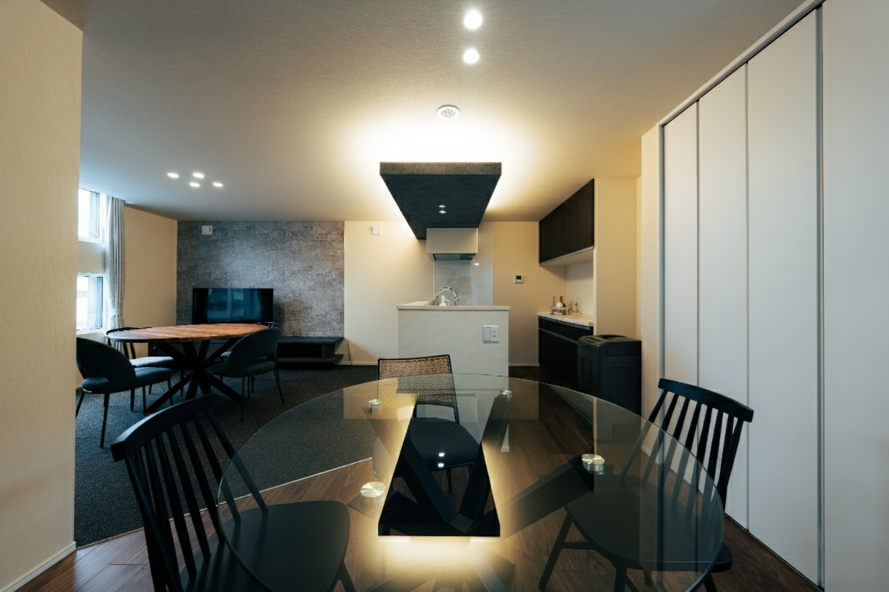 広々としたLDKの内装。手前のダイニングから、奥の対面キッチンと、グレーの石目調アクセントクロスが貼られたリビングを見る。