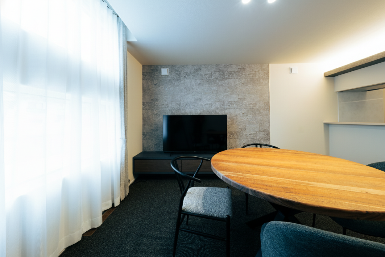 モダンなリビングの内装。テレビが置かれた壁に、グレーの石目調アクセントクロスが施されている。床は濃い色のカーペット。