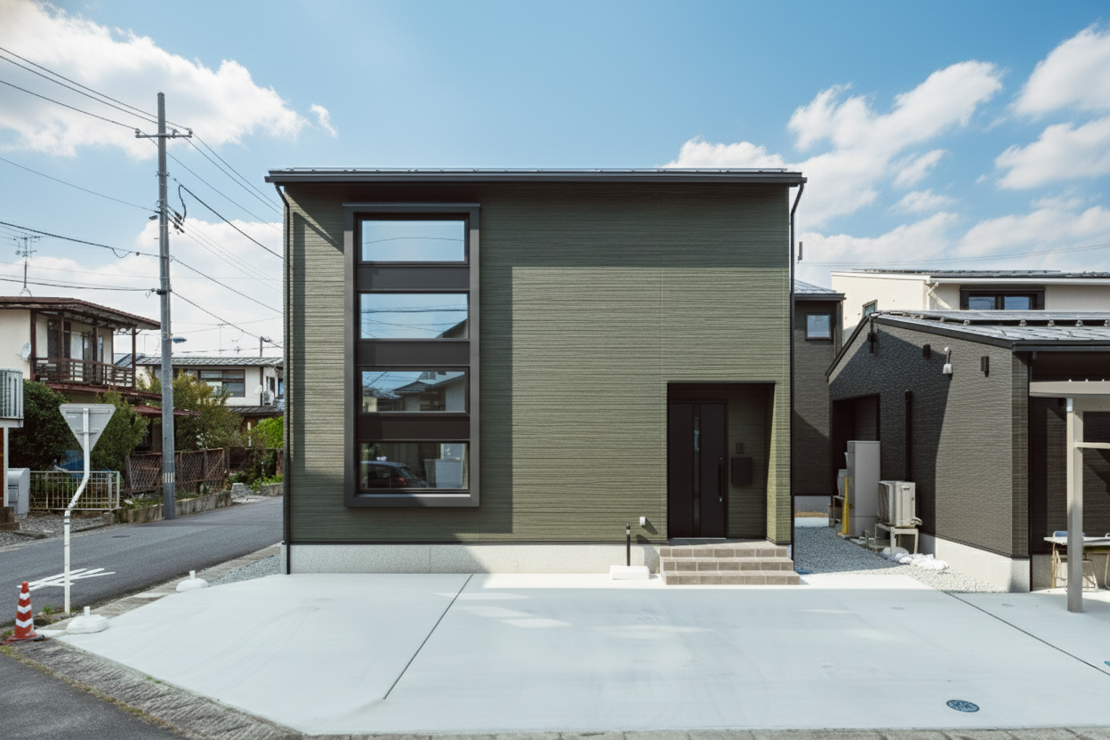 駅西モデルC棟(二階建て)のモダンな外観。オリーブグリーンの外壁と縦長の4連窓が特徴的で、広い駐車スペースがある。