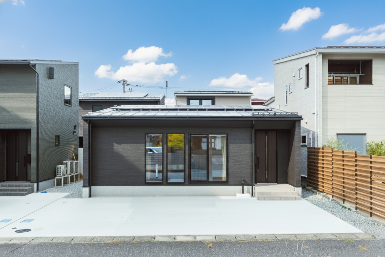 駅西モデルD棟(平屋)のモダンな外観。濃いグレーの外壁に3つの窓が並び、正面に広い駐車スペースがある。