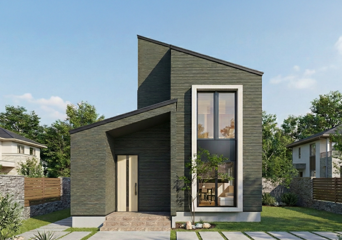 ダークグリーンのサイディング外壁が映える、片流れ屋根のモダンな二階建て注文住宅の外観。 白い太枠の縦長窓がアクセント。