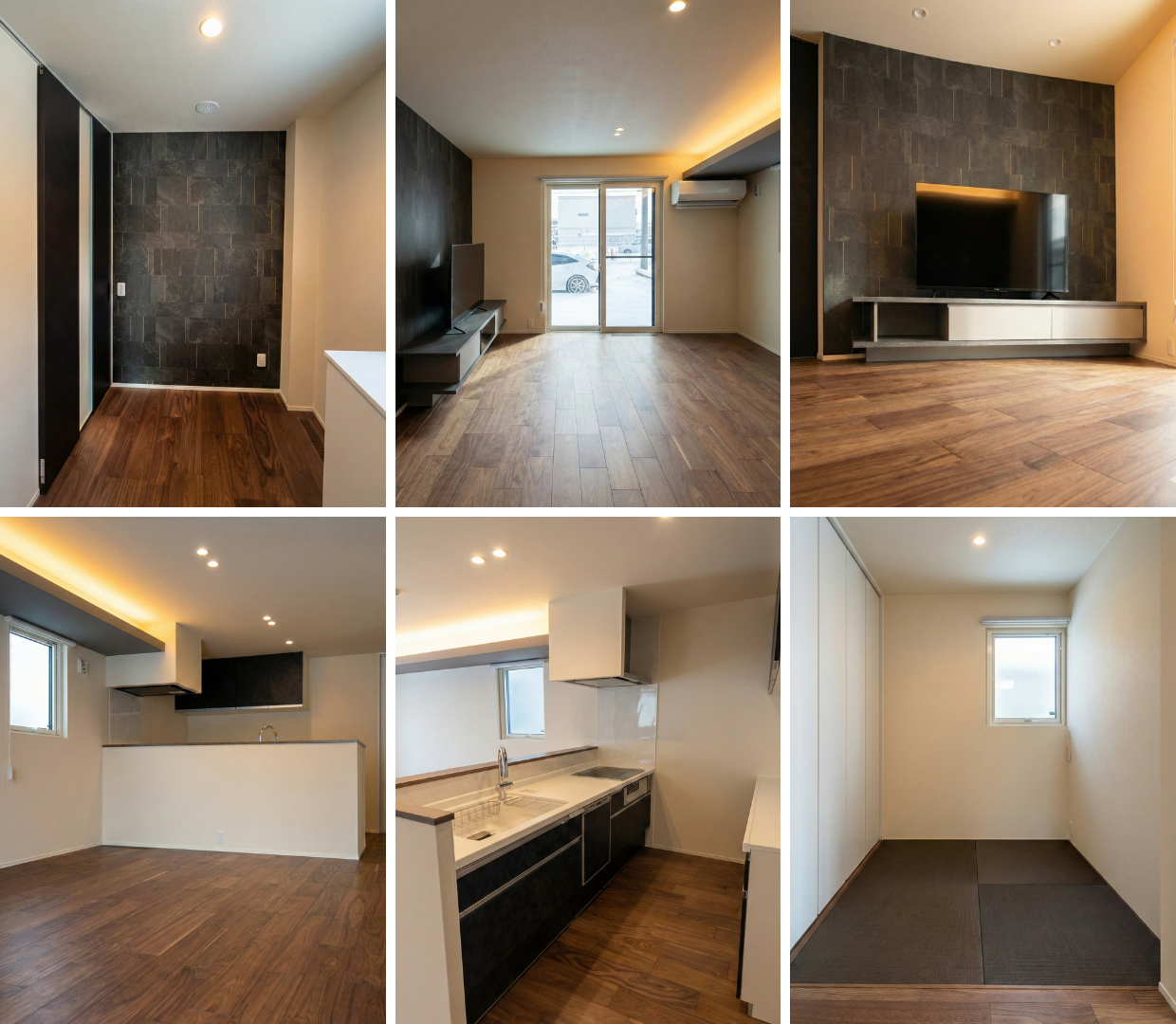 山形市で販売中の建売住宅の内観。石目調アクセントウォールのあるモダンなリビングと、スタイリッシュな畳コーナー。ホテルライクな空間設計が特徴の新築分譲住宅事例。