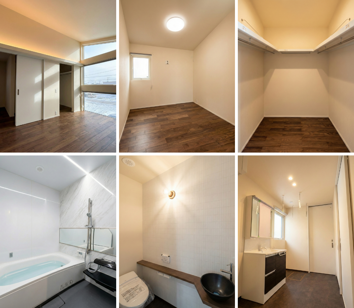 山形市の冬に重宝する室内物干し完備の洗面室と、大容量のウォークインクローゼット。家事の負担を軽減する工夫が詰まった新築建売住宅の収納・ランドリー設備。